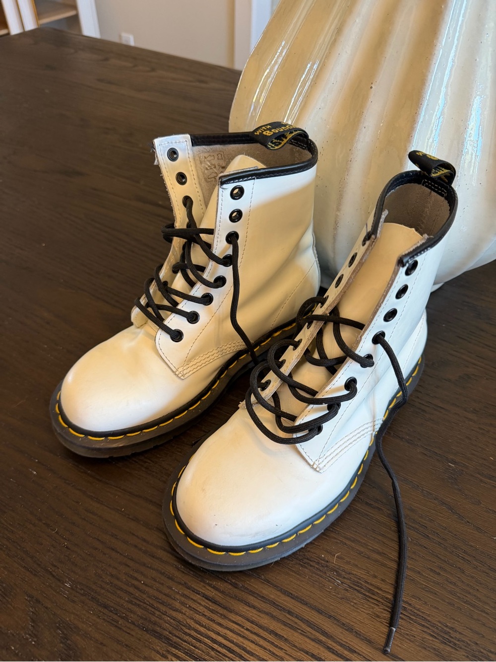 Dr. Martens White Leather Lace-Up Boots with Black Trim